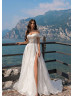 Beaded Ivory Lace Tulle Off Shoulder Slit Wedding Dress